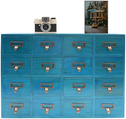 Apothecary Cabinet with 16 Drawers Card Catalog Cabinet, Library Card Catalog Drawer with Metal Handles & Label Slot Wooden Desk Drawer Organizer for Herb Storage, Tea Collection (Blue)