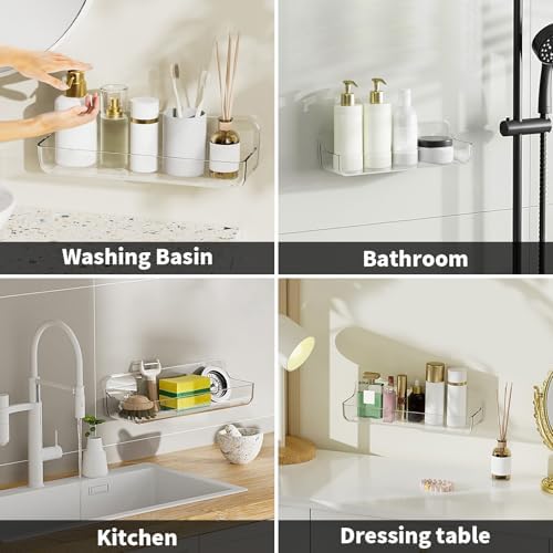 Diesisa Plastic Wall Mount Organizer, Adhesive Clear Acrylic Shelf, No Drilling Hang Walls Shower Caddies, with Self Adhesive Tape, for Bathroom, Kitchen, Utility Room,3.8D x 12.8" W x 3.3" H