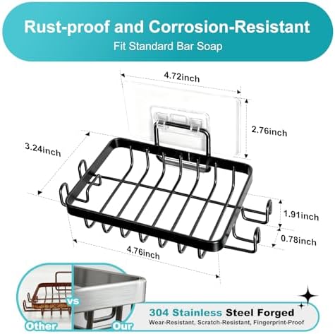 Black Soap Dish for Shower 2 Pieces, Suction Cup Square Shower Soap Holder - 201 Stainless Steel Black Soap Saver - Comfortable Essential for Apartment, Home and Dormitory