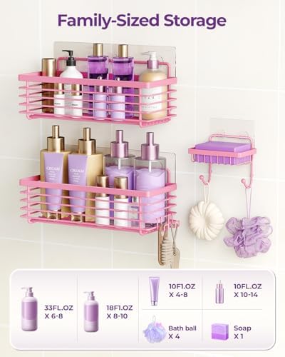 Shower Caddy Adhesive 3 Pack Stainless Steel Storage Organizers-Pink