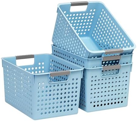 Soddeph 4 Pack Plastic Deep Storage Basket with Handles, Cubbies Organizer Bins with Hollow Design for Under Counter, Closet, Kitchen or Bathroom 12.3" × 8.7" × 6.9" (Blue, Medium)
