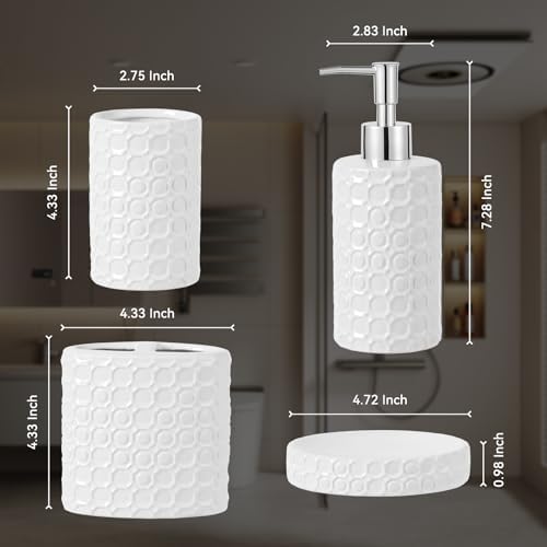 White Ceramic Bathroom Accessories Set, 4 Piece, Honeycomb Design with Soap Dispenser Pump, Tumbler, Toothbrush Holder, Soap Dish