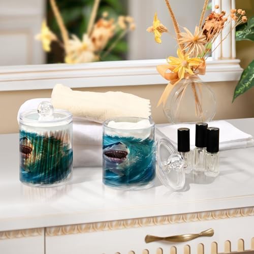 2 Pack Qtip Holder Organizer Dispenser Jumping Shark Blue Ocean Wave Bathroom Storage Canister Cotton Ball Holder Container for Cotton Pads/Swabs/Floss