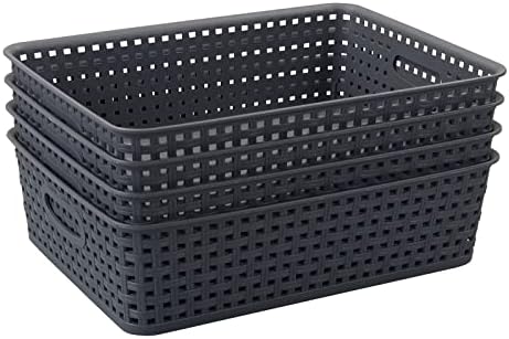 4 Packs Plastic Storage Basket Tray, Shallow Paper Basket, Gray