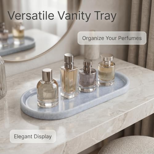 Natural Brazilian Blue Crystal Decorative Tray–12x6 Inch Translucent Stone/Marble-Style Bathroom Countertop Tray–Elegant Tray for Vanity, Perfume, Candles, and Jewelry–Durable Bathroom Countertop Tray