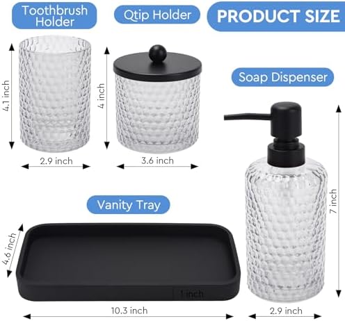 Bathroom Accessory Set,4 Pcs Clear Glass Bathroom Accessories Set-Lotion Soap Dispenser,Toothbrush Holder,Qtip Holder Dispenser & Resin Vanity Tray,Countertop Vanity Organizer,Crystal Clear