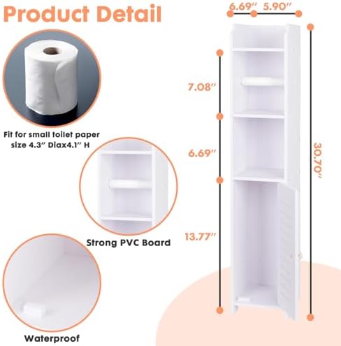 LuiceABC Toilet Paper Holder Stand, Over The Toilet Storage Cabinet for Bathroom, Slim Corner Shelf for Small Space Storage, Small Bathroom Storage Cabinet with Toilet Roll Holder & Door - White