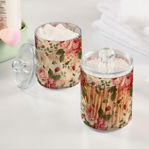4 Pack Vintage Roses and Leaves Beige Qtip Dispenser 10 Oz Clear Plastic Apothecary Jars Bathroom Containers for Cotton Ball, Cotton Swab, Cotton Round Pads, Floss