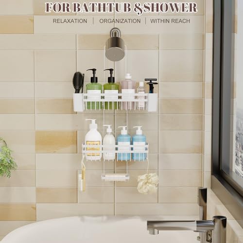 Shower Caddy Hanging for Bathroom Organizers and Storage, 3 Tier Adjustable Anti-Swing Shower Organizer hanging with Heavy-Duty Suction Cups, Damage-Free Rustproof (White)