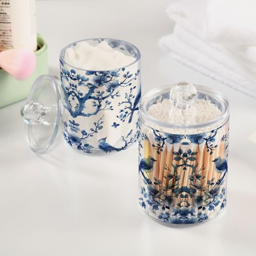 Blue White Porcelain Qtip Holder 4 Pack - 10 Oz Clear Plastic Apothecary Jar Set for Bathroom Organization - Versatile Canister Storage for Cotton Balls, Swabs, Rounds