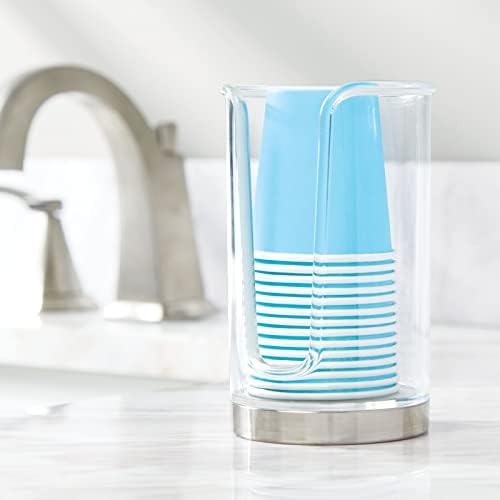 mDesign Plastic Small Compact Disposable Paper Cup Dispenser, Mouthwash Rinsing Cups Storage Holder for Bathroom Vanity Countertops, Makeup Table, Powder Room, Lumiere Collection, Clear/Brushed Chrome