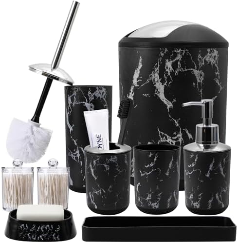 XLHOMO Black Marble Bathroom Accessories Set, Black Bathroom Set with Trash Can, Vanity Tray, Soap Dispenser, Soap Dish, Toothbrush Holder, Toothbrush Cup, Toilet Brush and Qtip Holders for Bathroom