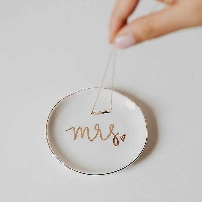 Sweet Water Decor Mrs. Engagement Ring Dish - Ceramic Wedding Ring Dish Holder for Future Mrs - Ring Tray for Jewelry with Gold Foil Accents & Designs - Jewelry Dishes for Women Fiance & Bridal Shower