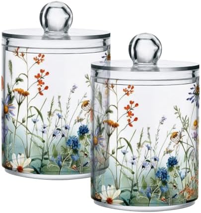 senya Clear Plastic Jars Cotton Swabs Cans, Wildflowers Butterflies Botanical Bathroom Canisters Storage Organizer with Lids 2PCs Set for Cotton Ball, Cotton Swab, flossers, Hair Bands