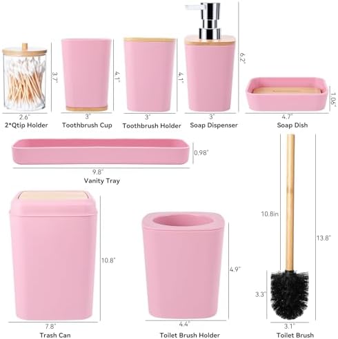 Bathroom Accessories Set, 9 Piece Pink Bathroom Decor Sets with Trash Can,Toothbrush Holder,Toothbrush Cup,Lotion Soap Dispenser,Vanity Tray,Soap Dish,Toilet Brush,Qtip Holder