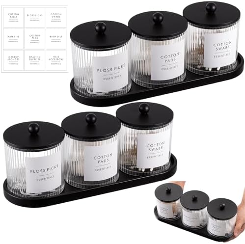 Vesici 6 Pack Bathroom Canisters Ribbed Apothecary Jars with Bamboo Lids 2 Bamboo Trays and 9 Label Stickers Cotton Swabs Holder Bathroom Organizer Storage Set Acrylic 18 oz Dispenser Container(Black)