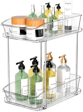 incostar 2 Tier Pull-Out Organizer for Bathroom Kitchen, Under Sink Storage with Dividers, Ideal for Cabinet, Cupboard Organization, Slide-Out Clear Storage, 1 Pack