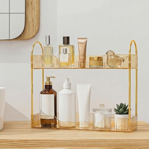 Bathroom Countertop Organizer, 2-Tier Slim Vanity Storage Rack for Bathroom Sink, Narrow Counter Organizer for Toiletries Skincare Perfume with Gold Plastic Trays, Gold