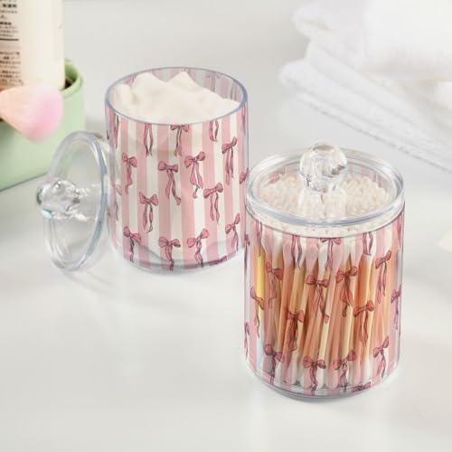 Gredecor 4 Pack Qtip Holder Clear Pink Ribbon Bow on Striped Apothecary Jars with Lids Acrylic Bathroom Jars Vanity Countertop Canister Storage Organizer for Cotton Ball,Swabs,Pads,Floss