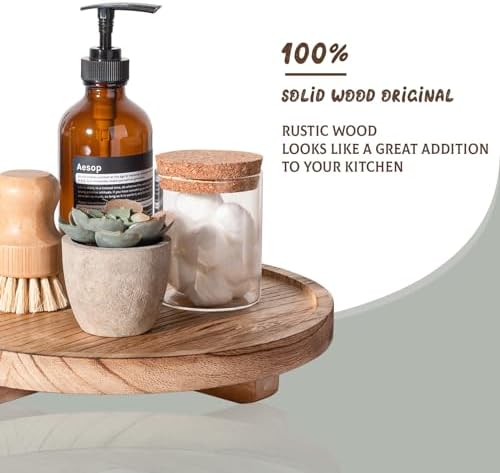 Round Decorative Tray Wood Bathroom Counter Organizer Farmhouse Kitchen Decor Wooden Riser for Soap Dish, Perfume, Candle, Sponge, 10" - Brown (Pack of 2)