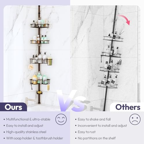SWTYMIKI Shower Caddy Tension Pole - 4-Tier Corner Shower Organizer Tension Rod with Soap Holder, Toothbrush Holder & 4 Hooks, Adjustable Stainless Steel Bathroom Organizer 27.6 to 108.3 inch, Bronze