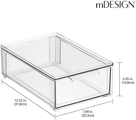 mDesign Plastic Stackable Bathroom Storage Organizer Bin Containers with Front Pull Drawer for Bathroom Countertop, Vanity, Closet Shelves - Holder for Beauty Accessories - Lumiere Collection - Clear