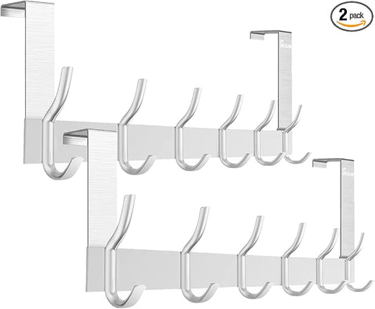 Over The Door Hanger 12 Hooks Silver, Door Hooks for Hanging Clothes, Coats, Towels, 44Ib Maximum Load Weight