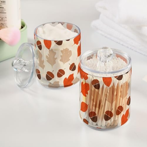 DOMIKING Acorn Autumn Leaves Beige 2 Pack Cotton Swab Holder Dispenser Plastic Jar Bathroom Storage Canister Acrylic Containers for Cotton Ball Swab Round Pads