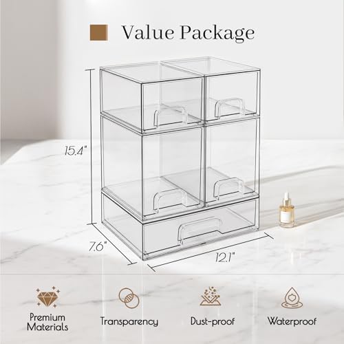 TIPGO Clear Stackable Storage Drawers, Baby Bottle Organizers, Easily-Access Makeup Organizer, Durable Containers for Bathroom Countertop, Pantry and Medicine Cabinet Organizer