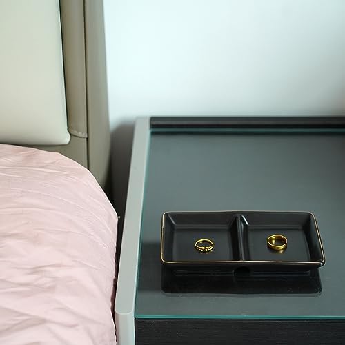 HANKOR Ceramic Jewelry Dish Tray, 2 Compartment Ring Dish, Decorative Trinket Tray for Rings, Earrings, Keys, Birthday Christmas Gifts, Black