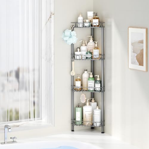 SWTYMIKI Standing Shower Caddy Corner - 4‑Tier Stainless Steel Shower Organizer Shelf with 12 Hooks and Adhesive Pads, Rustproof Corner Shelves Stand Rack for Bathroom Shower Room, Gray