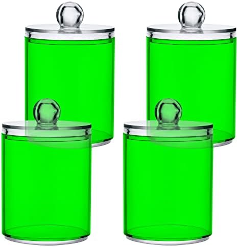 SHJI Green Qtip Holder Organizer Dispenser Cotton Swabs Cans Plastic Jars with Lid Set 4 Pack Bathroom Storage Canister for Cotton Ball Floss Cotton Pads