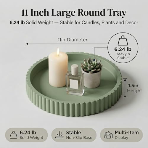 11" Round Concrete Decorative Centerpiece Tray for Coffee Table Sage Green