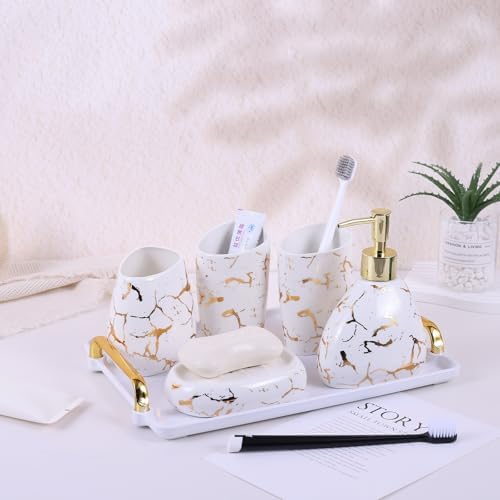 Ceramics White Bathroom Accessories Set,Gold Marble Look Bathroom Decor,Modern 6 Piece Bathroom Accessory Set,Complete with Soap Dispenser,Toothbrush Holder,Tumbler,Tray Countertop