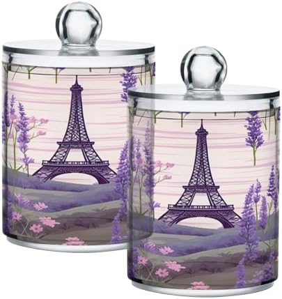 Eiffel Tower Lavender (2) 4 Pack Clear Plastic Qtip Holder Dispenser Set,Bathroom Storage Canister for Cotton Swabs, Balls, Dental Floss,Pads,Organize with Apothecary Jars