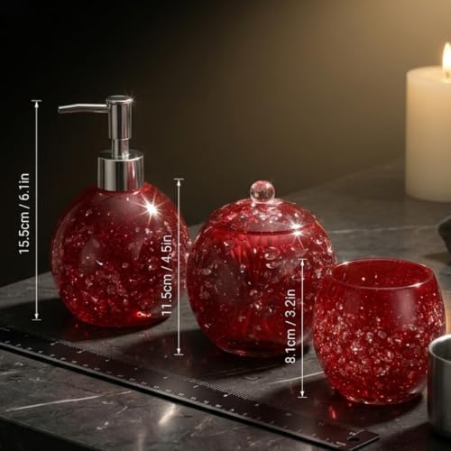 LUANT 3-Piece Resin Bathroom Accessory Set with Dispenser, Tumbler, Cotton Holder Red