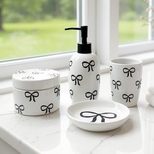 Pink Bathroom Set, 4 Pcs Ceramic Bathroom Accessory Sets - Soap Dispenser, Tumbler Toothbrush Holder, Vanity Soap Tray, Cotton Swab Jars - Pink Bathroom Decor Gift for Her (Black)