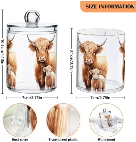 4 Pack Qtip Holder Dispenser with Lids, Highland Cow Plastic Storage Containers,Bathroom Canisters Organizer for Cotton Ball, Cotton Swab, Cotton Round Pads, Floss 21216458