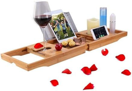 KOCASO Bathtub Caddy Tray，Crafted Bamboo Bathtub Desk Caddy Tray Extendable Reading Rack Tablet Phone Holder Wine Glass Holder Shelf Desk for Bathroom Spa
