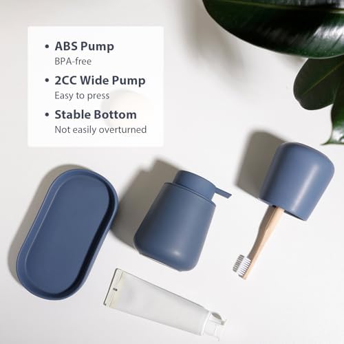 INGOFIN 3 Pcs Ceramic Bathroom Accessory Set - Liquid Soap Dispenser, Toothbrush Holder & Tray, Bathroom Counter Set, Countertop Essentials for Home, Guest Bathroom, or Office Use, Matte Blue