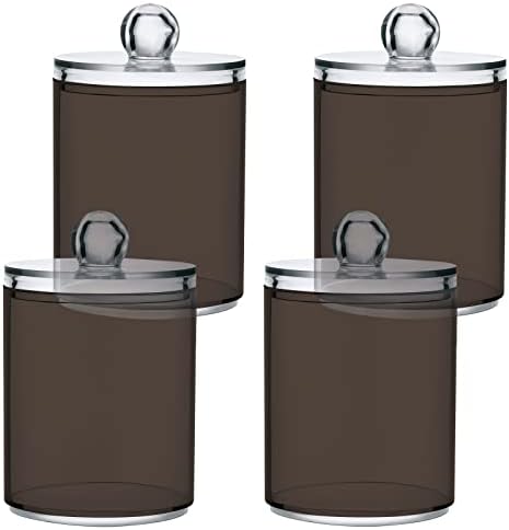 SHJI Brown Qtip Holder Organizer Dispenser Cotton Swabs Cans Plastic Jars with Lid Set 4 Pack Bathroom Storage Canister for Cotton Ball Floss Cotton Pads