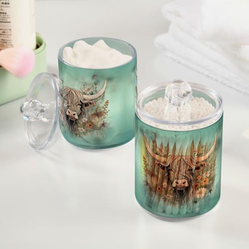 MNSRUU 4 Pack Qtip Holder Organizer Dispenser Highland Cow Flowers Pink Bathroom Storage Canister Cotton Ball Holder Bathroom Containers for Cotton Swabs/Pads/Floss