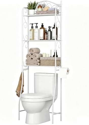 HOME BI Over The Toilet Storage Shelf, 3-Tier Over Toilet Bathroom Organizer Rack, Freestanding Space Saver Toilet Stands with Hooks (White)
