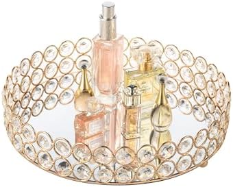 Feyarl Crystal Perfume Tray Makeup Cosmetic Vanity Organizer Jewelry Trinket Display Storage Mirrored Decorative Tray Skin Care Tray for Dresser Home Deco Birthday Gift(Round 10" inch) (Gold)