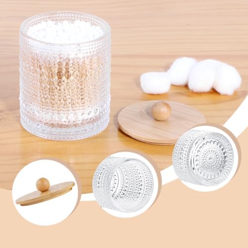 Bathroom Qtip Holder Set,Glass Apothecary Jars with Lids,Bamboo Cotton Ball Holder,Clear Cotton Swab Holder,Bathroom Vanity Storage Organizer Jars for Round,Bath Salts,Candy,Jewelry (Nail)