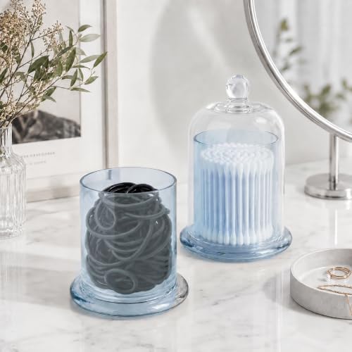 rejomiik Qtip Holder Glass Apothecary Jars with Lids Bathroom Storage Blue