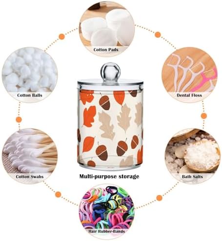 DOMIKING Acorn Autumn Leaves Beige 2 Pack Cotton Swab Holder Dispenser Plastic Jar Bathroom Storage Canister Acrylic Containers for Cotton Ball Swab Round Pads