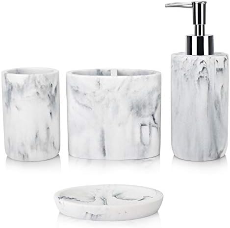 L'ARL GMVOI Bathroom Accessories Set,4 Pieces Marble Bathroom Vanity Countertop Accessory Set with Bathroom Toothbrush Holder Set,Soap Dispenser,Tumbler,Soap Dish for Bathroom Home Decor
