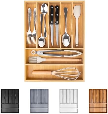 Bellsal Bamboo Silverware Drawer Organizer, Kitchen Utensil Drawer Organizers, 12"x15.7" Utensils Holder Cutlery Tray with Grooved Drawer Dividers for Kitchen Flatware Bedroom Office(7 Slot, Natural)
