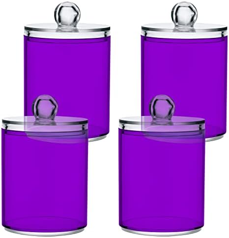SHJI Purple Qtip Holder Organizer Dispenser Cotton Swabs Cans Plastic Jars with Lid Set 4 Pack Bathroom Storage Canister for Cotton Ball Floss Cotton Pads